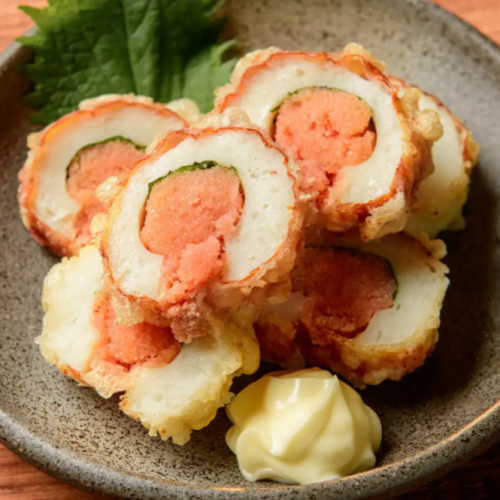 Sea bream chikuwa with flying fish stock and mentaiko tempura