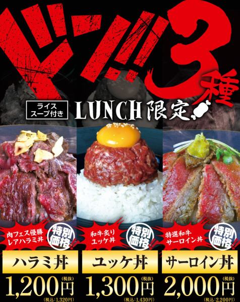 ¥1,200~●肉フェス3連勝の【--レアハラミ丼--】がリーズナブルにご堪能できる!特別価格『ランチ限定メニュー』他にも【炙り和牛ユッケ丼】【特選和牛サーロイン丼】も特別価格となっております!今だけの価格・・・