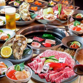 可以享受【肉壽司×牡蠣×烤肉】的非常滿足的套餐！！排骨、上腰肉等14道菜品◇5,800日元（含）