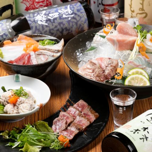 [适合各种宴会] 烤A5级和牛和牛5种生鱼片8道菜2小时畅饮青芝士套餐4,400日元