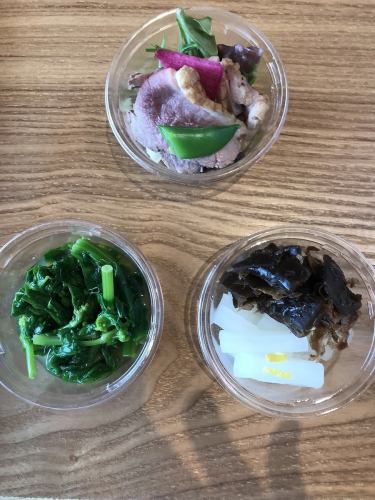 Take-out "1. Vegetable Ohitashi" "2. Two kinds of pickles" "3. Duck loin salad"