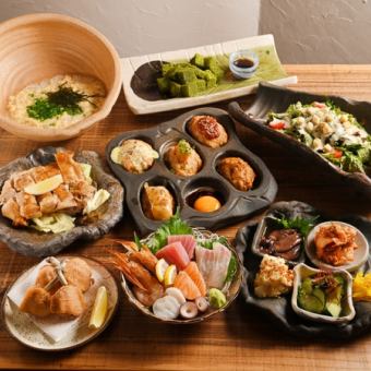 ”ワンランク上のとこちゃん”名物・5種盛り鮮魚・名古屋コーチン一枚焼き等8品２H飲放題5500円