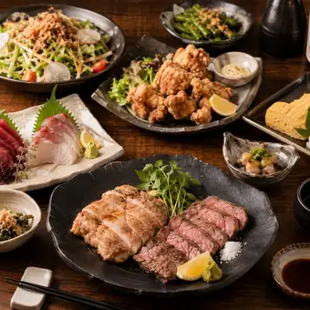 【緣套餐】兩種鮮魚拼盤、辣烤五花肉或兩種牛排、3小時暢飲、9道菜、4000日元