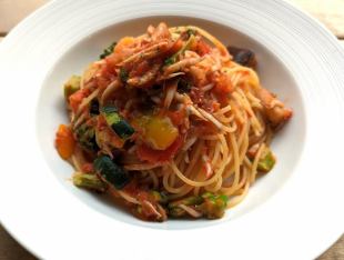 Fried whitebait and colorful vegetables with arrabbiata pasta or risotto