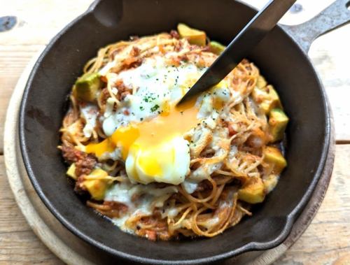 Hot Spring Egg and Avocado Grilled Spicy Meat Sauce Pasta or Risotto