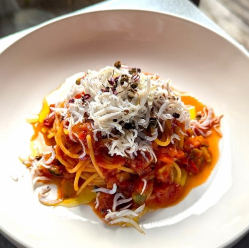 釜揚げしらすと彩り野菜のピリ辛トマトソース