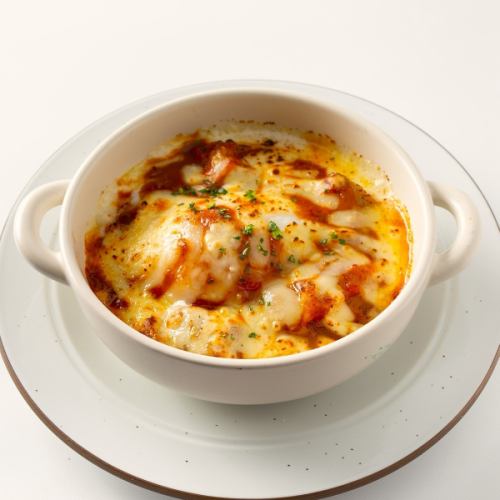 温泉卵と牛すじカレーのリゾットドリア