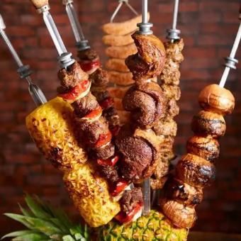 【生ビール付き3時間飲み放題】プレミアムシュラスコ5点盛り食べ放題コース【4980円→3980円】