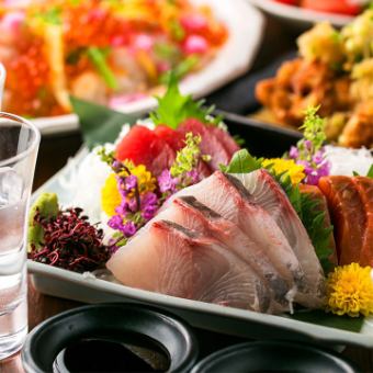 【３H飲放付】朝採鮮魚の刺盛りに熊本直送鶏タタキや自慢の逸品含む全8品『千狐』6500円⇒5500円
