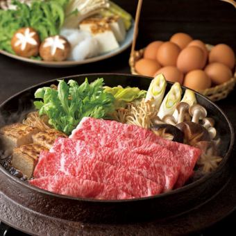 【3小时无限畅饮】霜降国产牛寿喜烧或霜降国产牛涮锅任选。“雅”菜单全7道菜品8,320日元⇒7,000日元