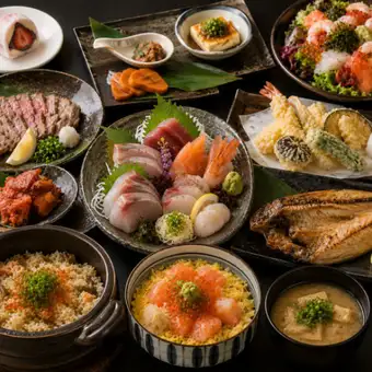 【3H飲放付】造り5点や鮭いくら釜飯×牛タンや天麩羅のお手軽会席『煌夜』全10品7960円⇒7000円