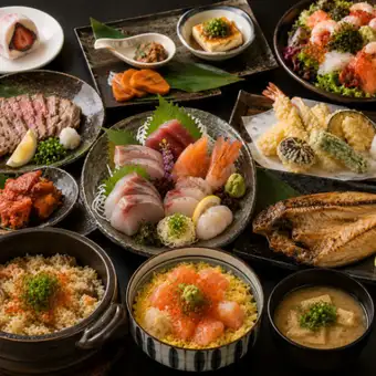 【3H飲放付】造り5点や鮭いくら釜飯×牛タンや天麩羅のお手軽会席『煌夜』全10品7960円⇒7000円