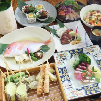 附120分鐘無限暢飲◆壓倒性的品質◎充滿天神美味的「天神套餐」共9道菜7,500日圓（含稅）