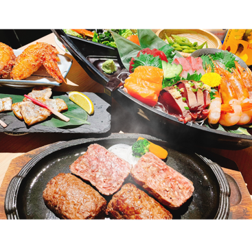 [Available on the day] Direct from the market! 4 types of sashimi and 100% beef hamburger course, 9 dishes total [3000 yen course]