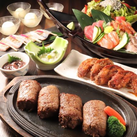 【当日OK】市場直送！刺身4種船盛りと牛肉100％ハンバーグコース全9品【3000円コース】