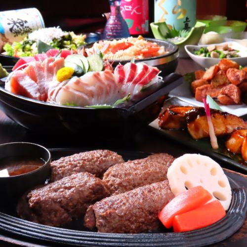 【当日OK】市場直送!刺身4種船盛りと牛肉100%ハンバーグコース全9品【3000円コース】