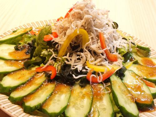 Healthy salad of shirasu and wakame seaweed