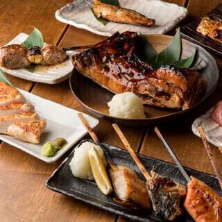 3H飲み放題付《直火(じかび)コース》魚串焼き・若鶏もも焼き・鮮魚お任せ３種盛り！全8品 5000円