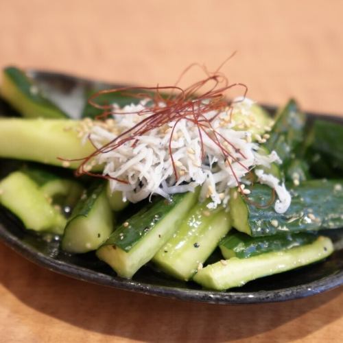 Cucumber topped with whitebait