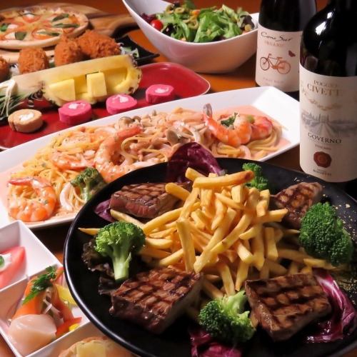 【イタリアンコース6000円】選べるピザに牛ステーキ★全11品+2時間飲み放題付き!