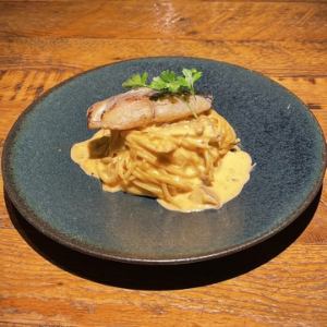Grilled Spanish mackerel with miso carbonara