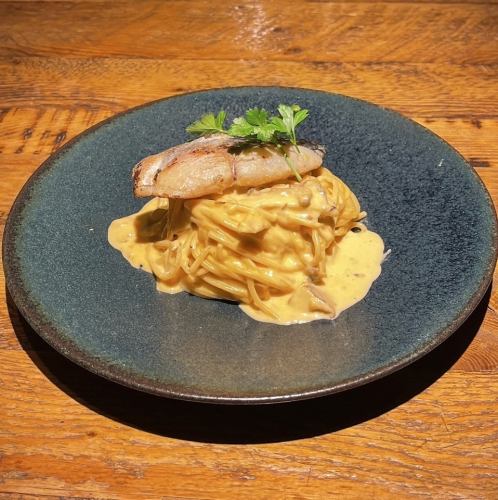 Grilled Spanish mackerel with miso carbonara