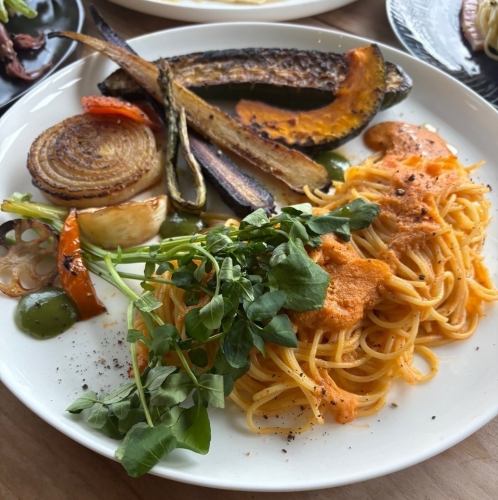 Rich ricotta tomato spaghetti served with grilled vegetable pesto