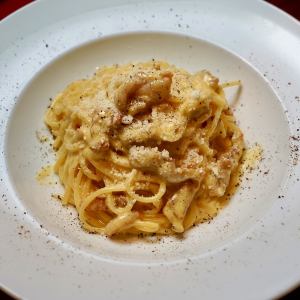 Homemade pancetta and charity egg carbonara