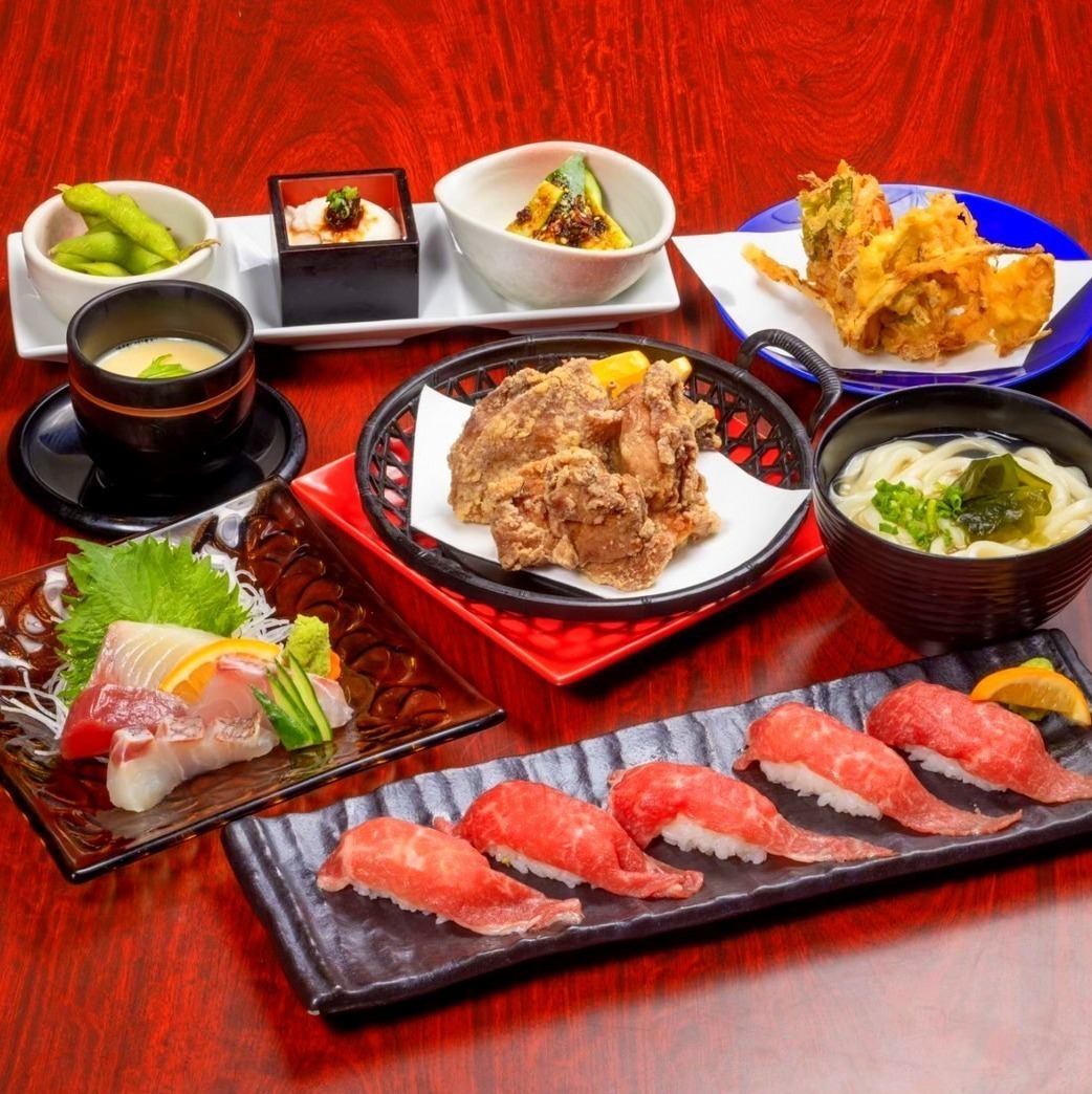 日向滩4品和宫崎牛握寿司等8道菜品的无限畅饮套餐