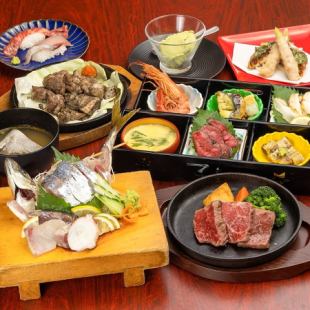 安全的迎送会，每人一份！8,000日元，包括鲭鱼生鱼片、宫崎牛肉、走地鸡、宫崎最好的食材以及松花堂怀石料理3小时无限畅饮餐点。