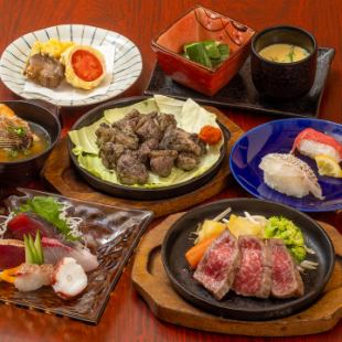A safe welcome/farewell party with one dish per person! A five-item platter of Hyuga Sea food with grilled red sea bream, charcoal-grilled local chicken, Miyazaki beef steak + 2 hours of all-you-can-drink for 5,000 yen