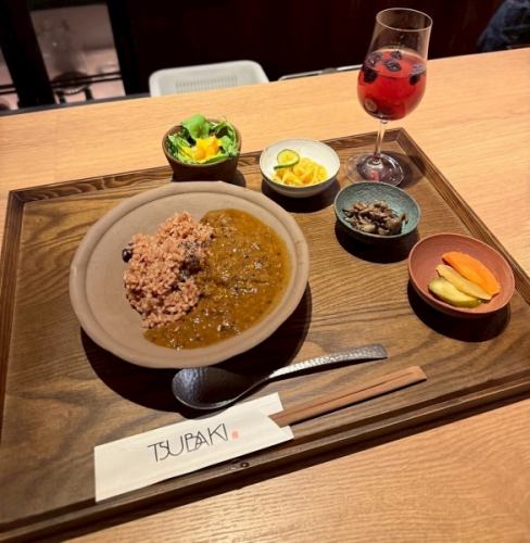 TUBAKI 식 발효 치킨 카레, 샐러드와 작은 화분 (효소 음료 포함)