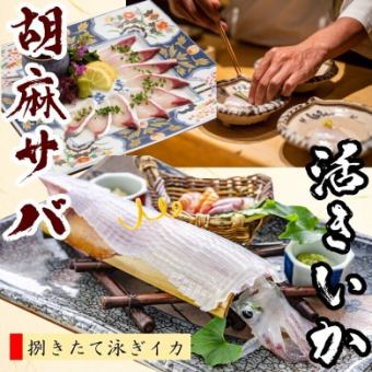 【岛津 5,000日元套餐】⇒ 附赠活鱿鱼和芝麻鲭鱼≪超值优惠！无限畅饮时间≫