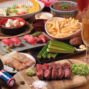 【#肉祭り開催中】ステーキ100%増量!人気の肉寿司も楽しめる5000円コース90分L.O飲み放題付き