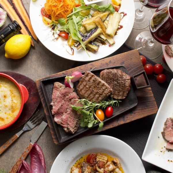 Recommended for all kinds of banquets! [Kuroge beef steak lean meat/marbled meat tasting course] 2 hours of all-you-can-drink included, total of 8 dishes for 5,500 yen (tax included)