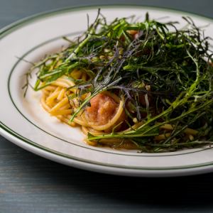 Japanese-style pasta with boiled whitebait, mustard cod roe and perilla