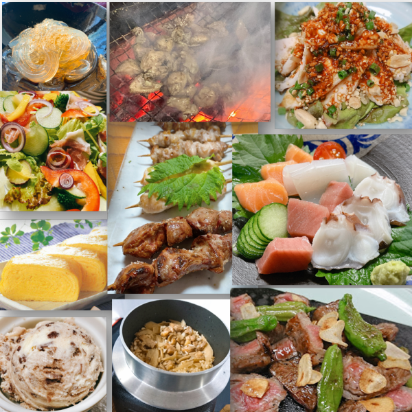 人气套餐！生鱼片、流口水鸡、烤鸡肉串、牛排、炭火烤土鸡、大卷煎蛋卷、白米饭等共10道菜品含税2,500日元