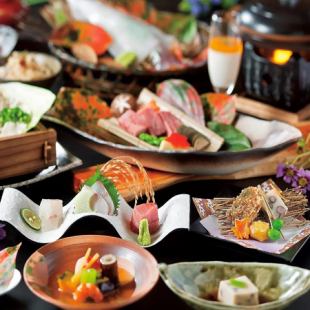 [3月～5月]「雅」套餐，包括活魷魚、三種新鮮生魚片、瓷盤烤佐賀牛肉等。含120分鐘無限暢飲10,500日元→8,800日元