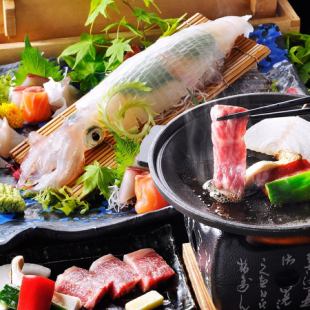 3～4月限定 いか活造りと刺身3種盛りや黒毛和牛陶板焼き等 「博多もつ鍋 竹」コース 飲み放題付