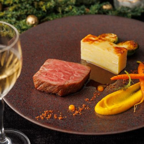 【Menu Hash】A 6-course meal featuring Kobe beef sirloin, a delicacy from Hyogo Prefecture, with 3 appetizers, a double main course, and dessert.
