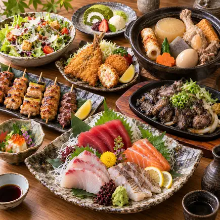 イチオシ【個室×生付き3H飲み放題】鮮魚4種×地鶏黒焼×創作おでん粋-IKI-コース全8品4,500円