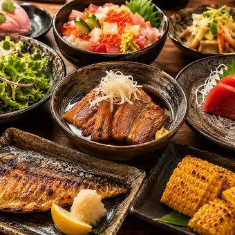 【2H飲放付】自家製豚角煮や鯖文化干し×鮮魚造りやちらし寿司含む全8品『錦』5380円⇒4500円