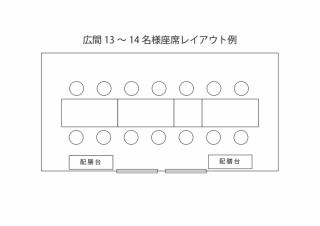 2階お広間貸切　13名様から14名様座席レイアウト階段で2階、畳の上にテーブルとお椅子席です。