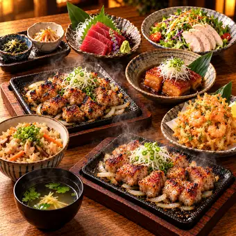 <特價> 享用那霸鮪魚、山原嫩雞和阿古豬肉! 9道菜套餐,含120分鐘暢飲。