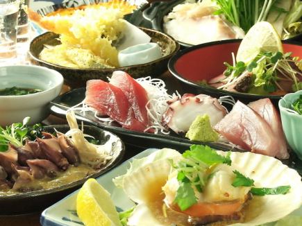 完全個室!!"獺祭"伯楽星や八仙など飲み放題!刺盛りなど全7品ほぼ1人1皿税込4000円飲放2時間