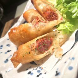 Horse meat chorizo cheese spring rolls