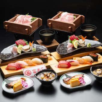 【仅限食物】清蒸黑毛和牛牛肋排、5个中等肥瘦的握寿司等♪ 6道菜，售价4700日元（含税）
