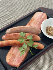 Sausage and thick-sliced bacon