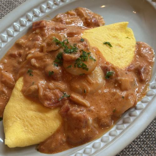 Shrimp and tomato cream cheese omelette