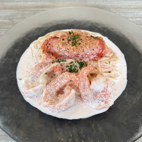 Seared cod roe and shrimp with cod roe cream, cold capellini